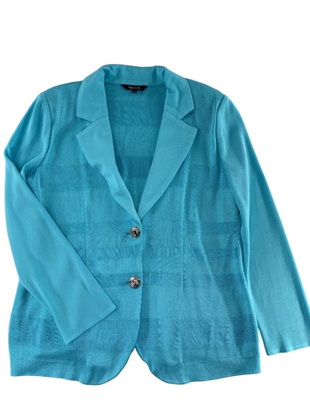 MISOOK Women's Turquoise Teal Knit Blazer Jacket 2 Button Shoulder Pads Small